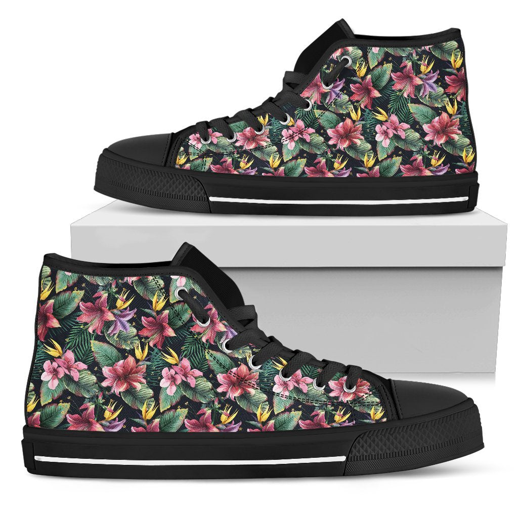 Hawaiian Shoes - Tropical Flowers, Palm And Leaves High Top Shoes Womens High Top Black - Polynesian Pride