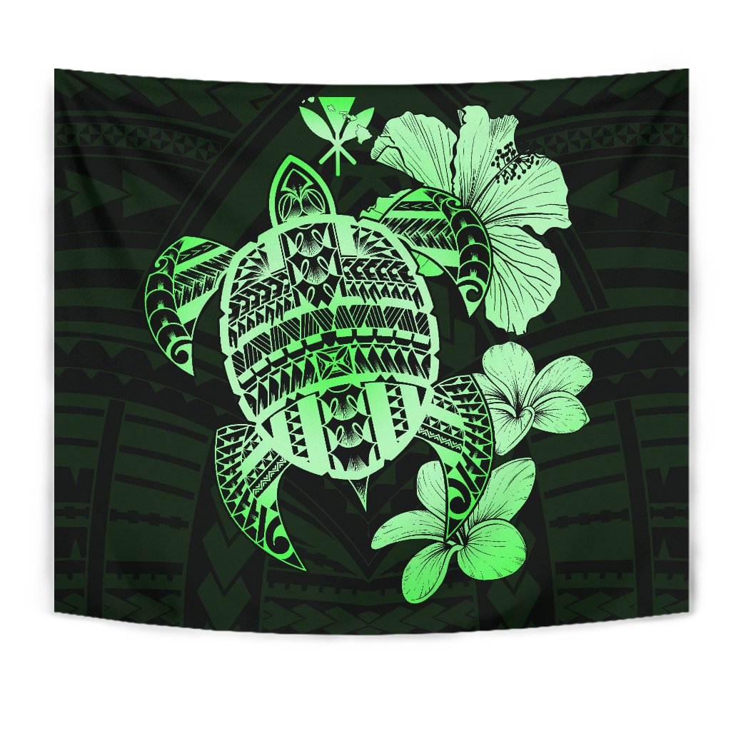 Hawaiian Kanaka Hibiscus Plumeria Mix Polynesian Turtle Tapestry Green AH Wall Tapestry Green - Polynesian Pride