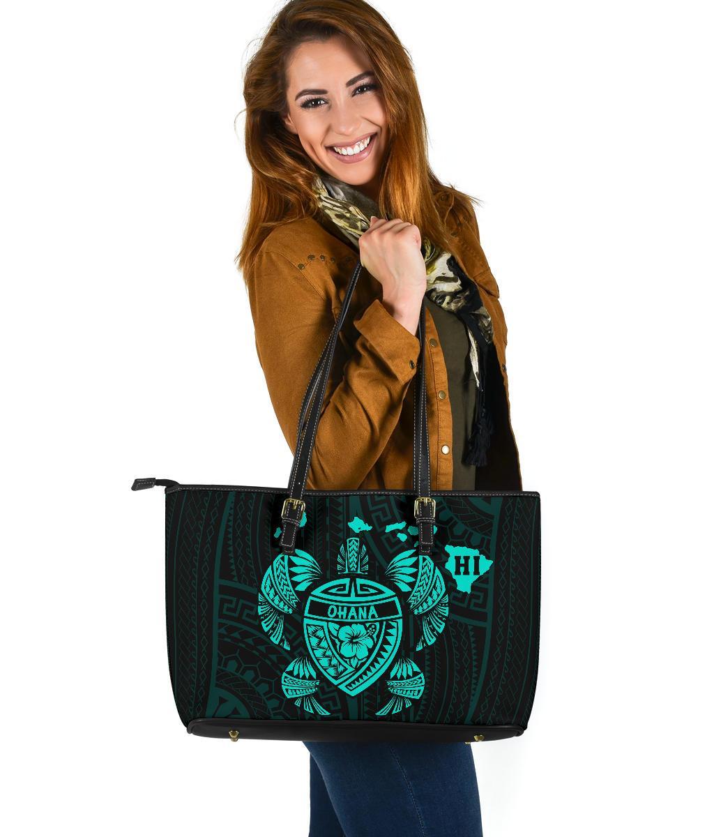 Hawaii Kakau Polynesian Turtle Map Large Leather Tote - Turquoise - Polynesian Pride