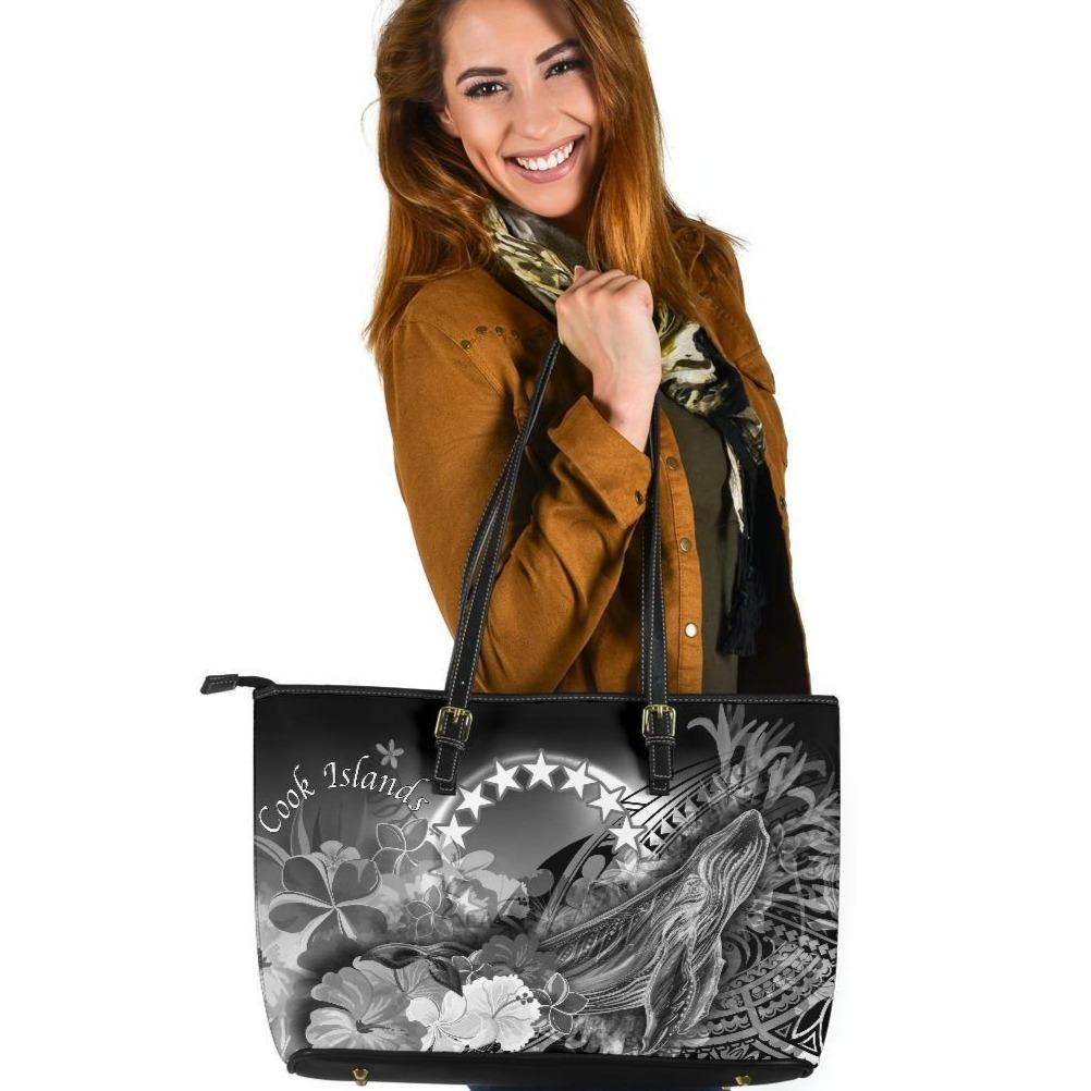 Cook Islands Leather Tote Bag - Humpback Whale with Tropical Flowers (White) White - Polynesian Pride