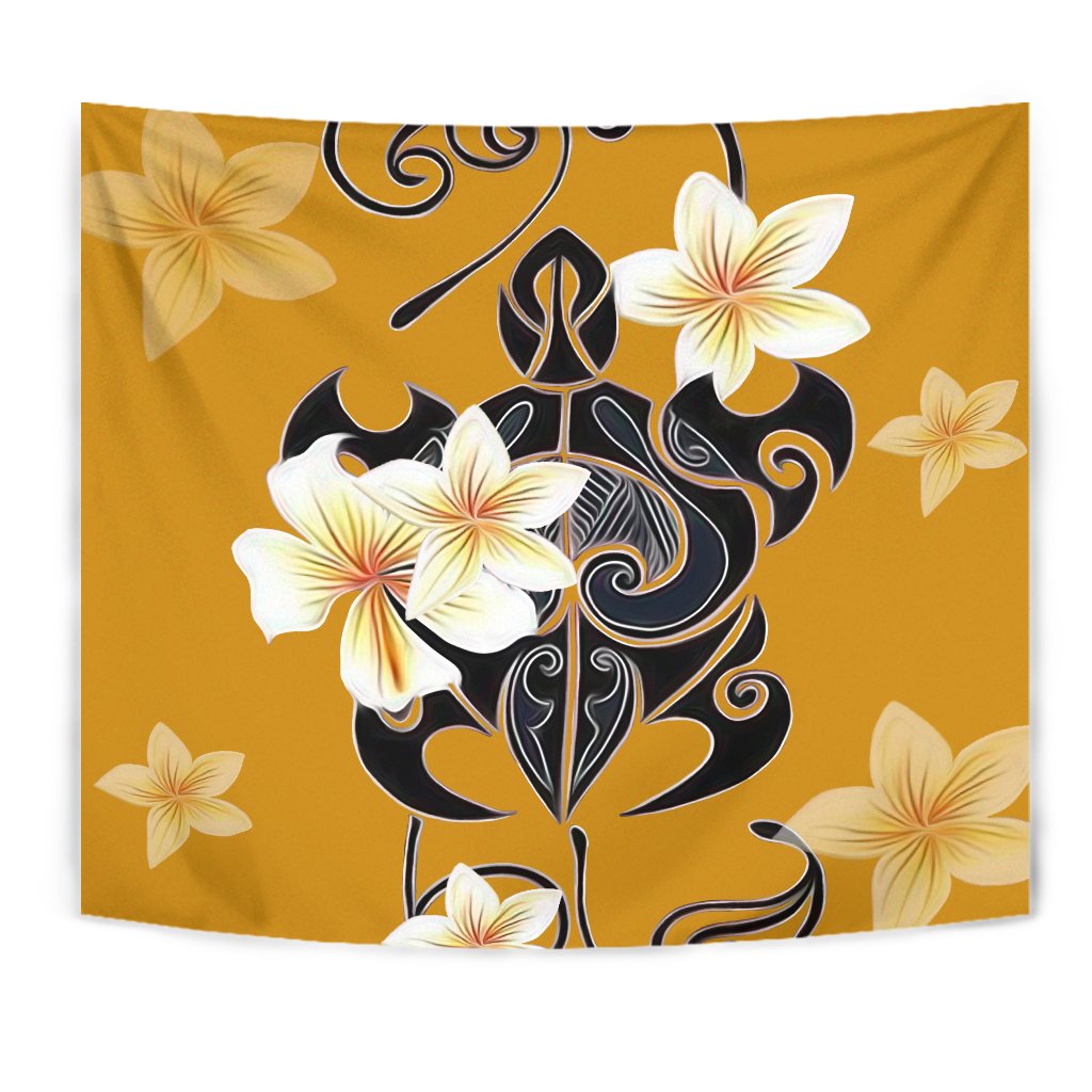 Turtle Poly Tribal Plumeria Yellow Tapestry Wall Tapestry Yellow - Polynesian Pride