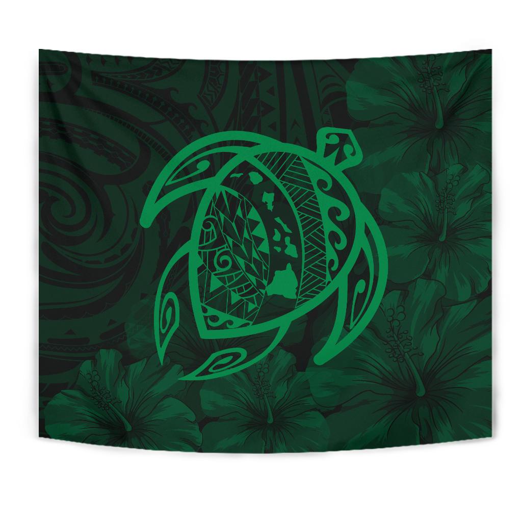 Hawaii Turtle Kanaka Map Hibiscus Poly Tapestry - Green - Polynesian Pride