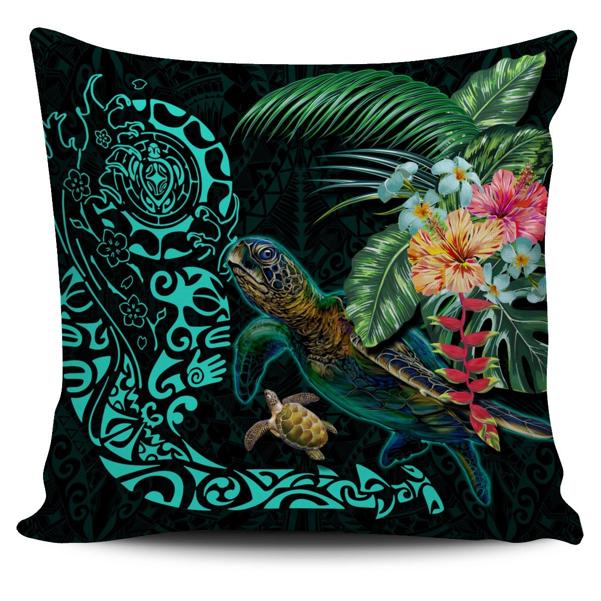 Tiki Polynesian Pillow Cover Turtle Hibiscus Pillow Cover One Size Black - Polynesian Pride