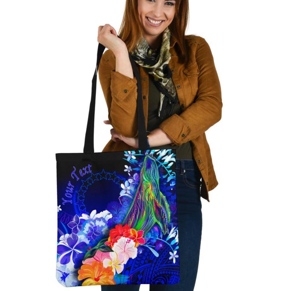 Cook Islands Custom Personalised Tote Bags - Humpback Whale with Tropical Flowers (Blue) Tote Bag One Size Blue - Polynesian Pride