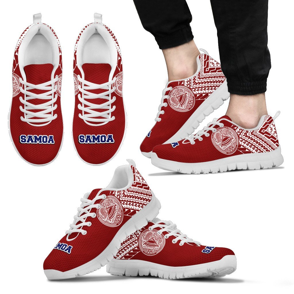 American Samoa Athletic Sneakers - American Samoa Seal Polynesian Tattoo Behind (Red Version) - A0 Unisex White - Polynesian Pride