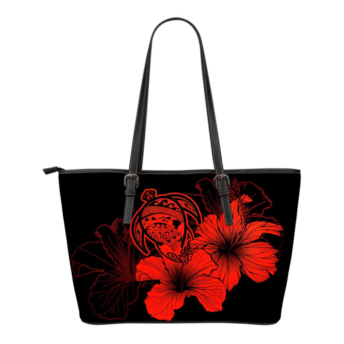 Hawaii Hibiscus Small Leather Tote Bag - Turtle Map - Red Red - Polynesian Pride