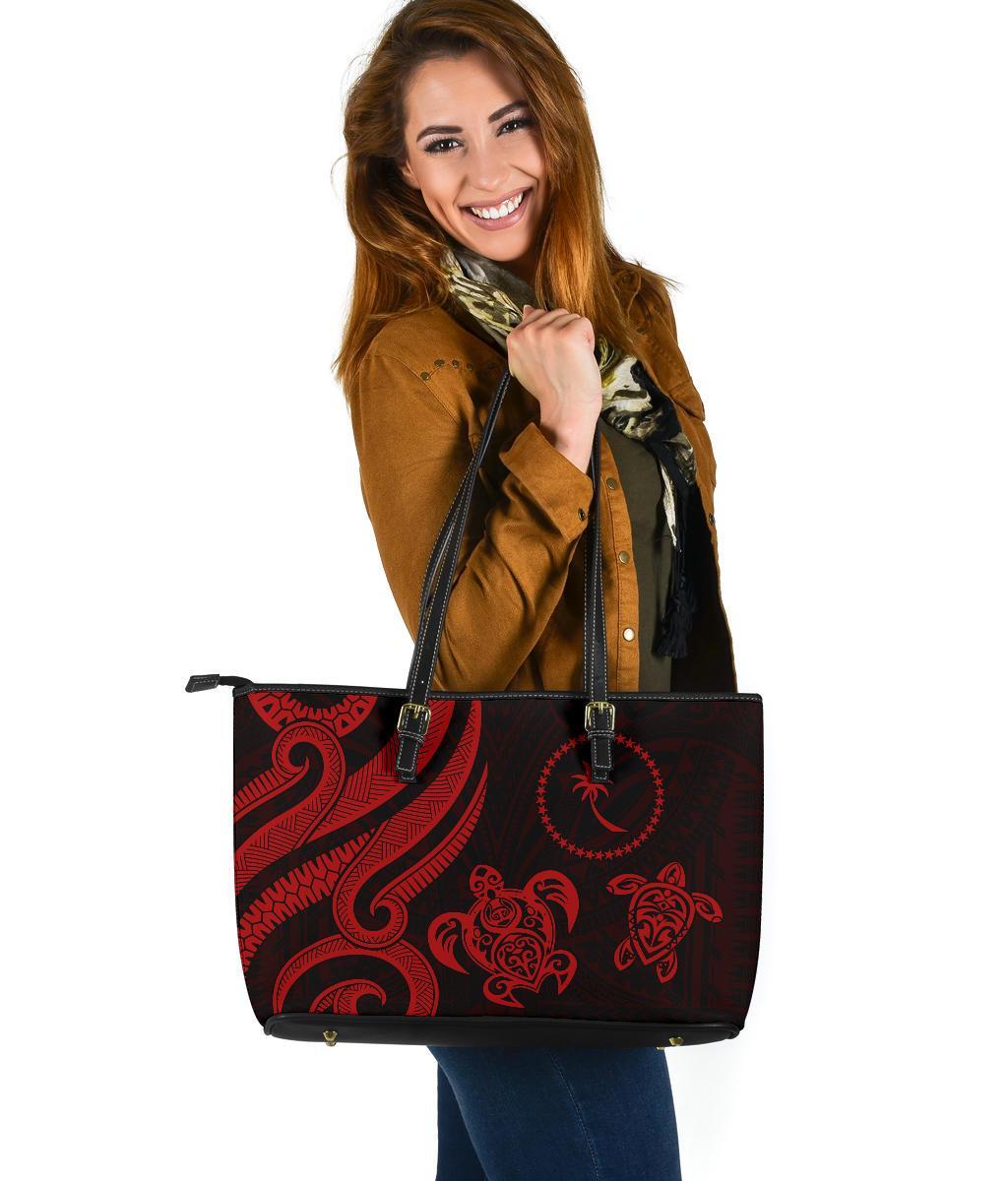 Chuuk Micronesian Large Leather Tote Bag - Red Tentacle Turtle Red - Polynesian Pride