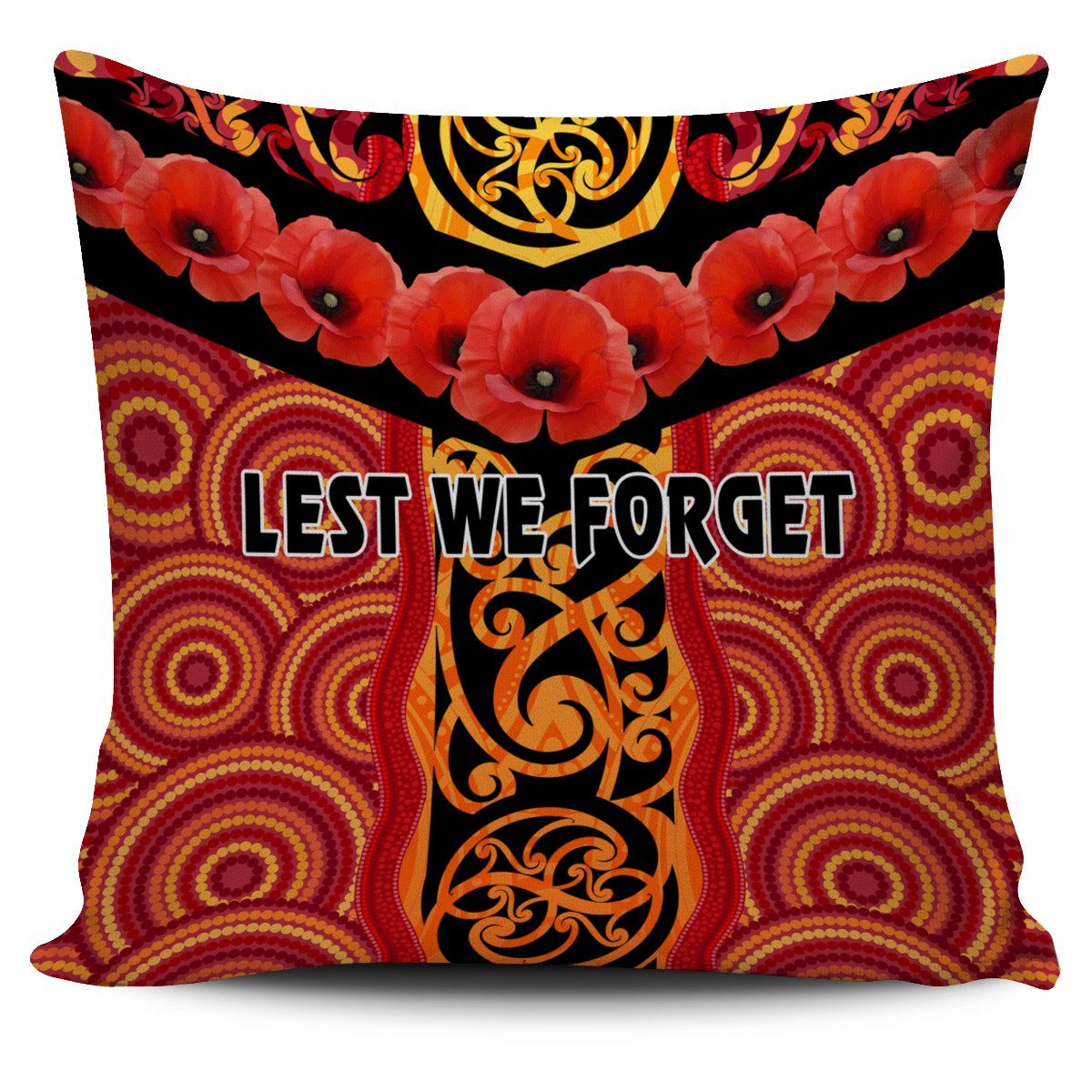 Anzac Lest We Forget Poppy Pillow Cover New Zealand Maori Silver Fern - Australia Aboriginal Pillow Cover One Size Red - Polynesian Pride
