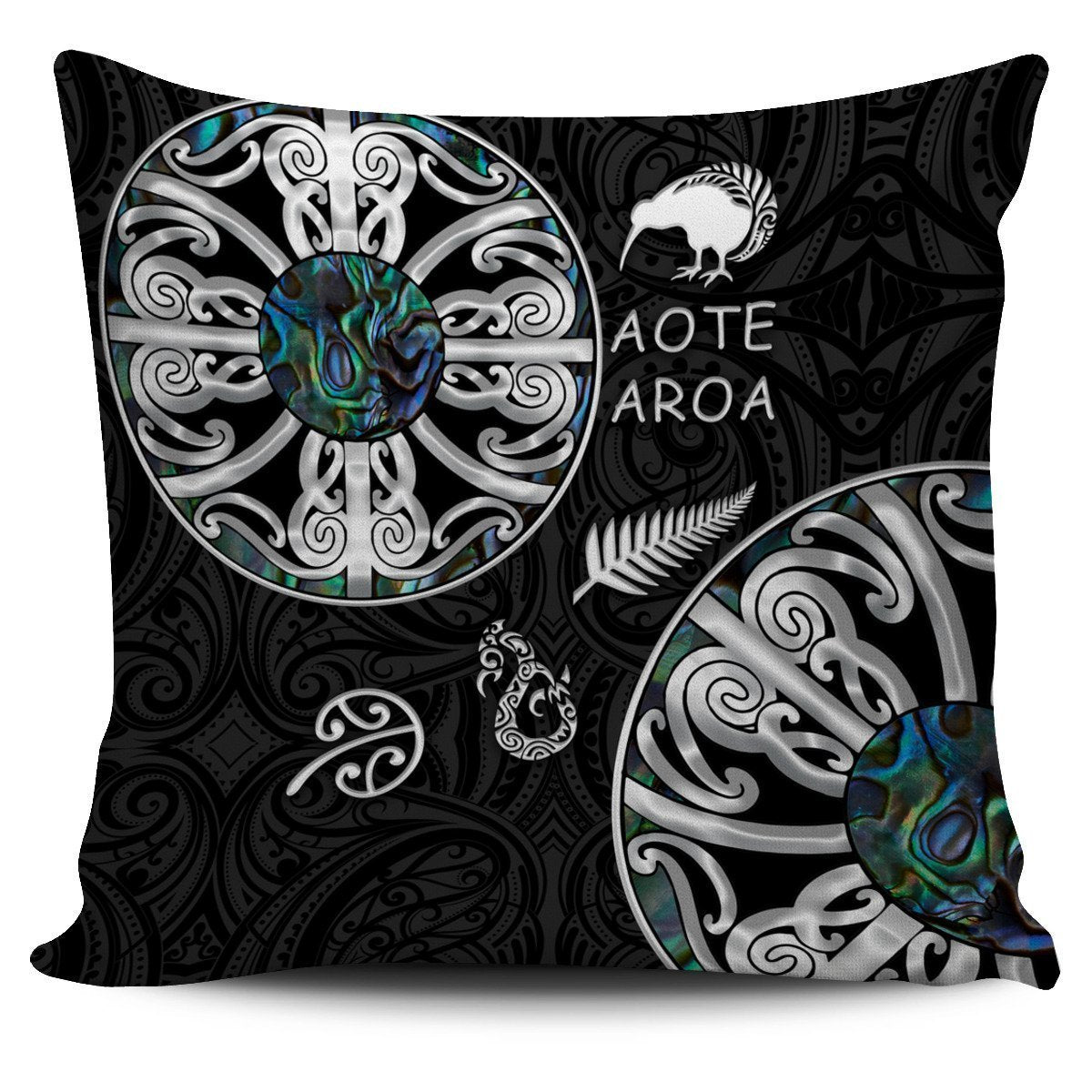 New Zealand Aotearoa Pillow Cover, Maori Mangopare Paua Shell - Polynesian Pride