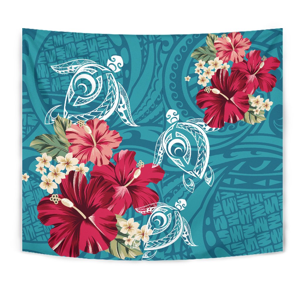 Hawaii Turtle Hibiscus Plumeria Blue Polynesian - Tapestry AH - Polynesian Pride