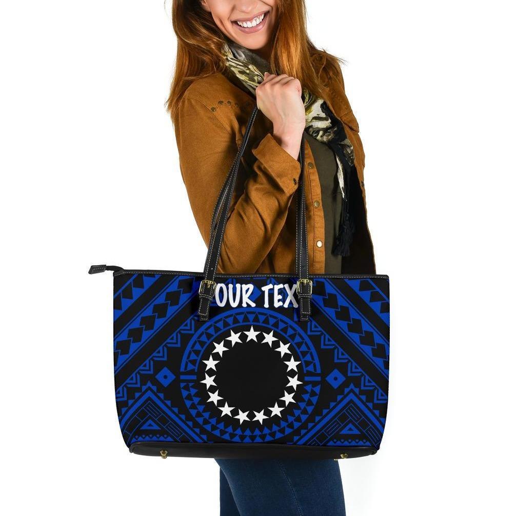 Cook Island Personalised Large Leather Tote Bag - Seal With Polynesian Tattoo Style ( Blue) Blue - Polynesian Pride