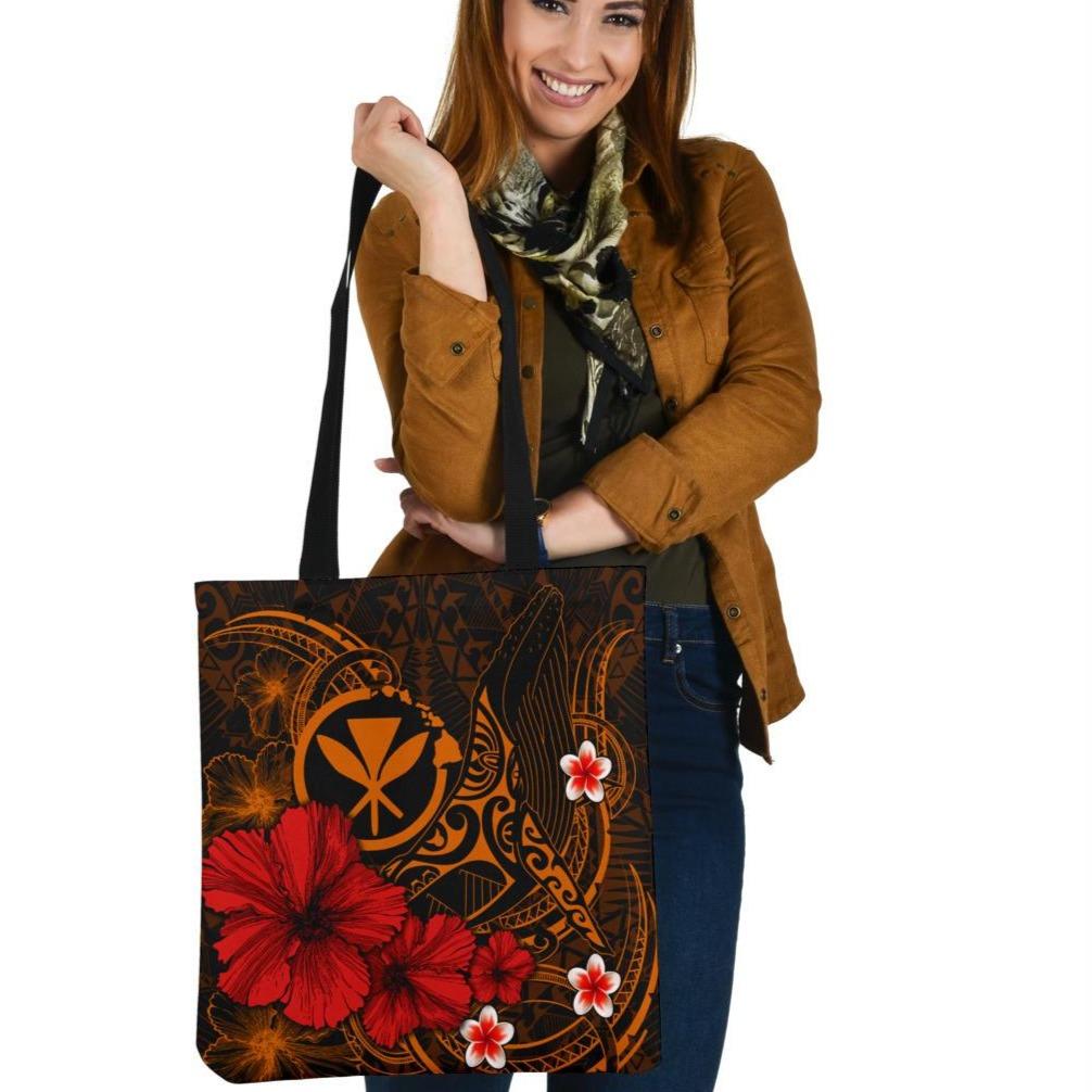 Polynesian Hawaii Kanaka Maoli Tote Bags - Humpback Whale with Hibiscus (Golden) Tote Bag One Size Gold - Polynesian Pride