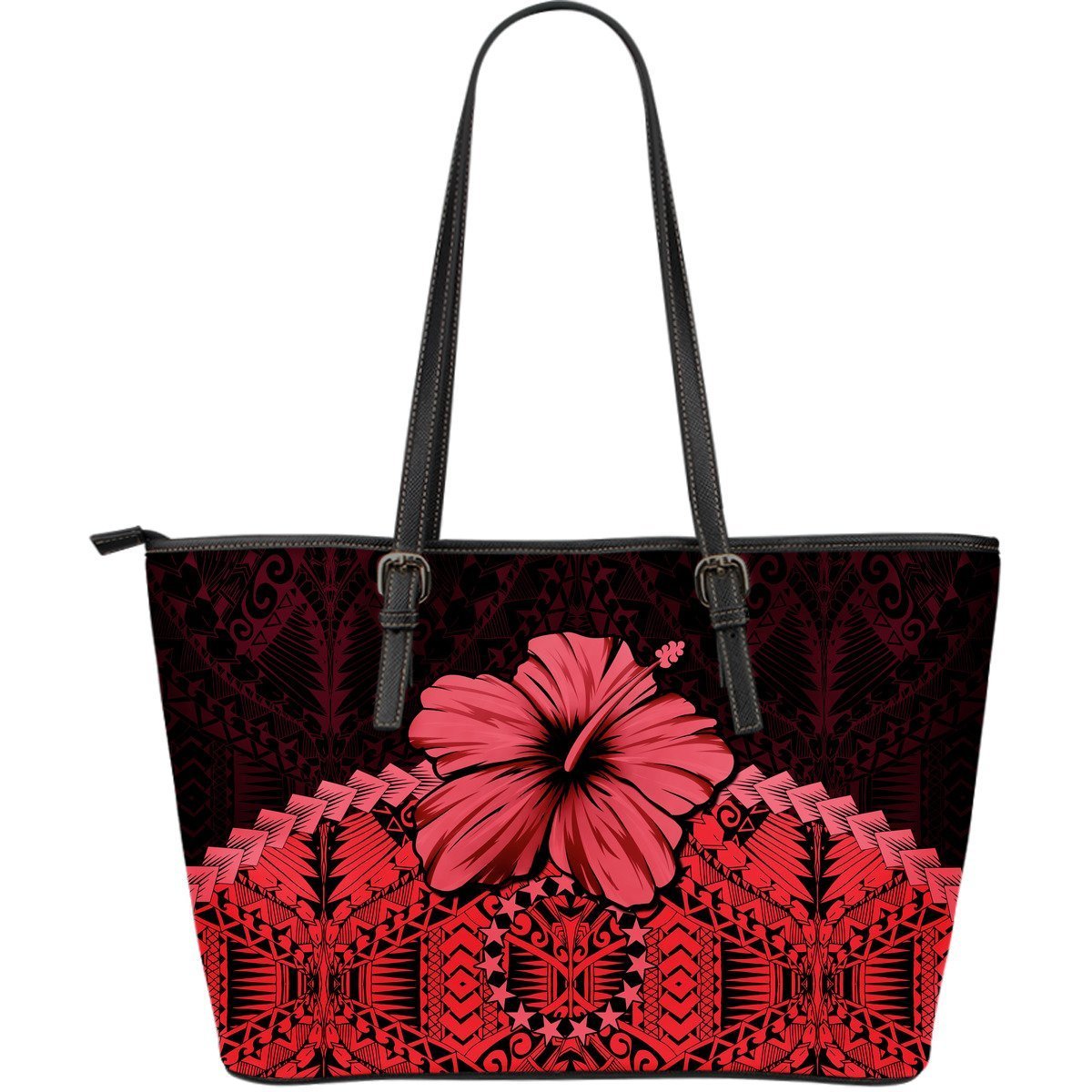 Cook Islands Leather Tote Bag - Hibiscus (Red) Red - Polynesian Pride