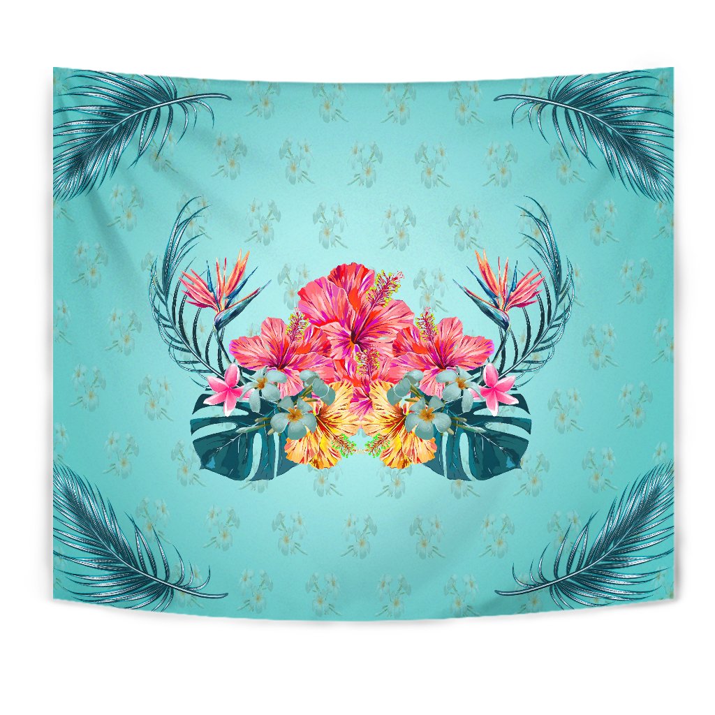 Flower Hibiscus Plumeria Centre Tapestry Wall Tapestry Blue - Polynesian Pride