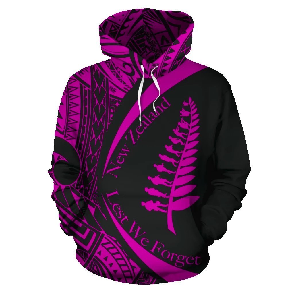 New Zealand Lest We Forget Maori Hoodie Circle Style Pink Unisex Black - Polynesian Pride