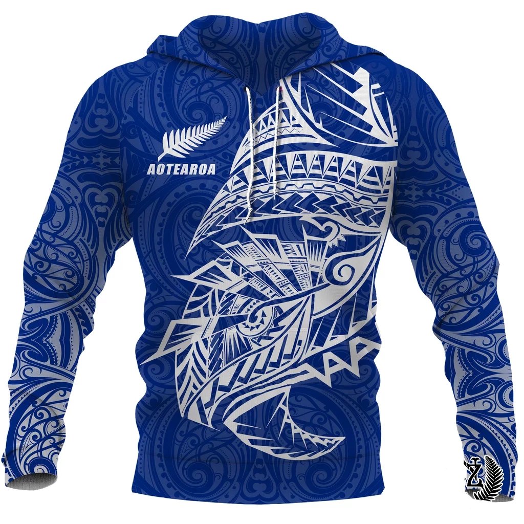 New Zealand Hoodie, Maori Tattoo Pullover Hoodie Polynesian Style Blue Unisex Blue - Polynesian Pride
