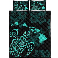 Turtle Hibiscus Map Turquoise Quilt Bed Set Black - Polynesian Pride