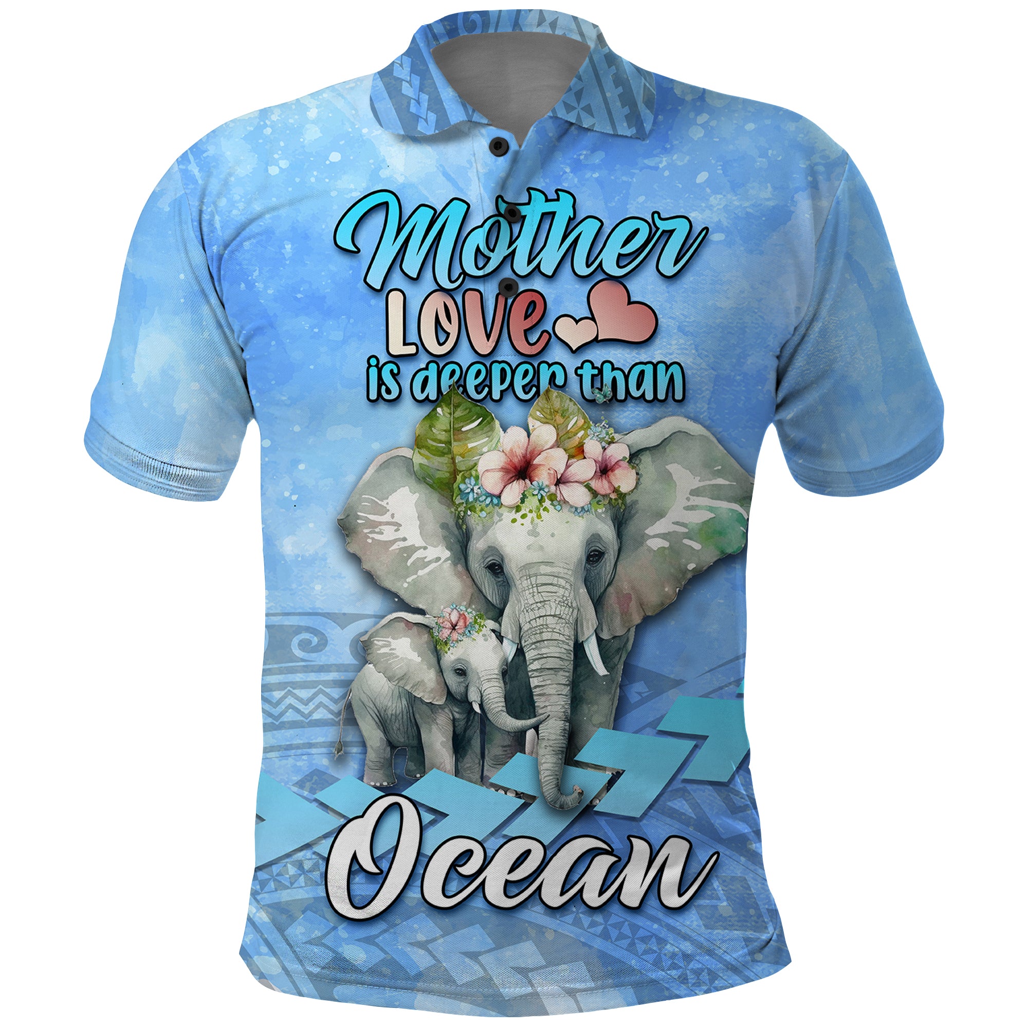 Mothers Day Elephant Watercolor Style Mix Polynesian Pattern Polo Shirt TS07 Blue - Polynesian Pride