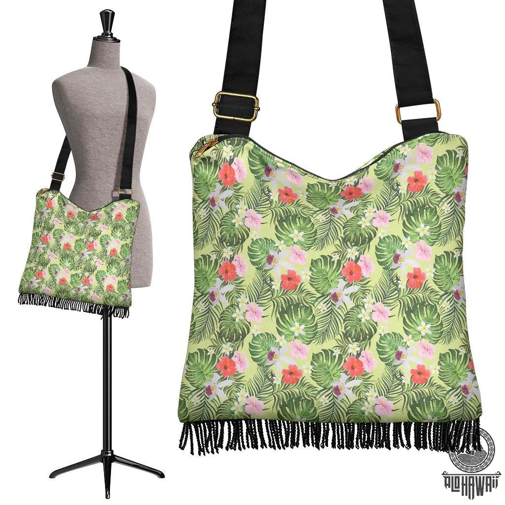 Hawaii Tropical Hibiscus, Plumeria Green Crossbody Boho Handbag Crossbody Boho Handbag One Size Green - Polynesian Pride