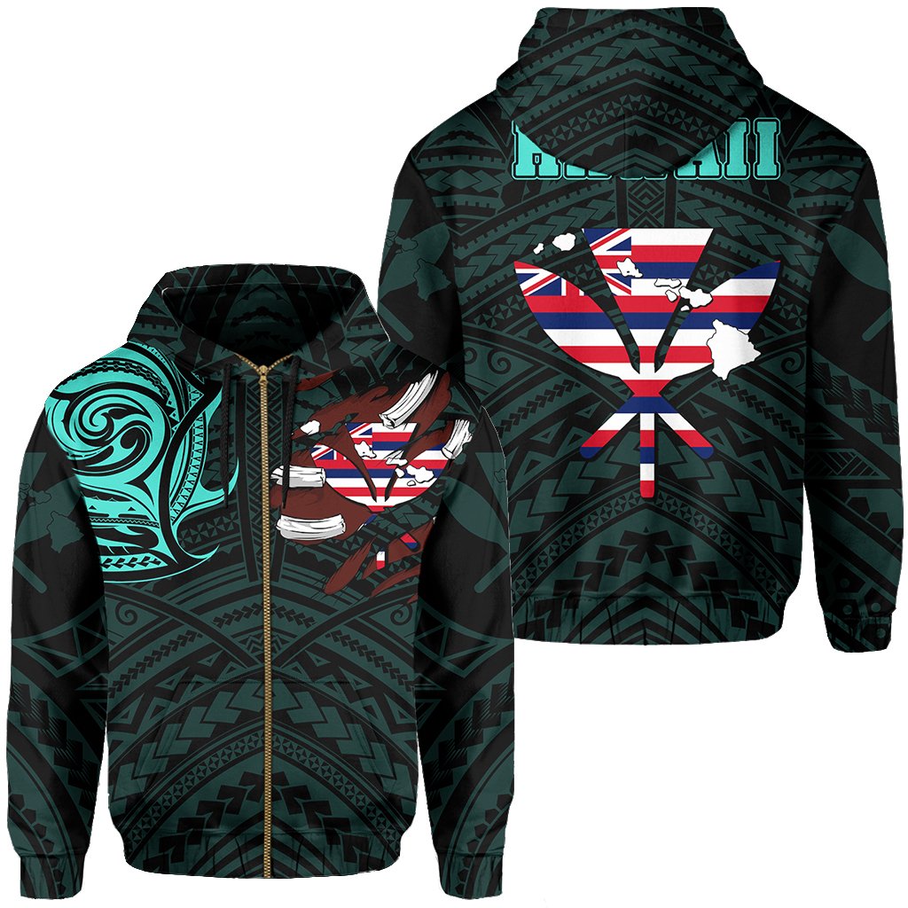 Hawaiian Kanaka Hoodie (Zipper) Heart Tattoo Turquoise Unisex White - Polynesian Pride