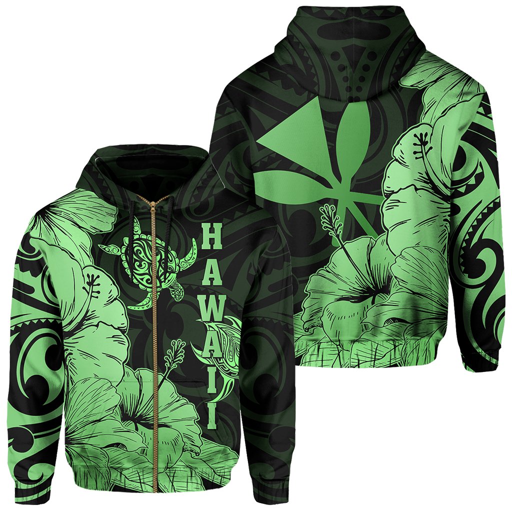 Hawaii Turtle Hoodie (Zipper) Polynesian Hibiscus Art Ver 2.0 Green Unisex Green - Polynesian Pride