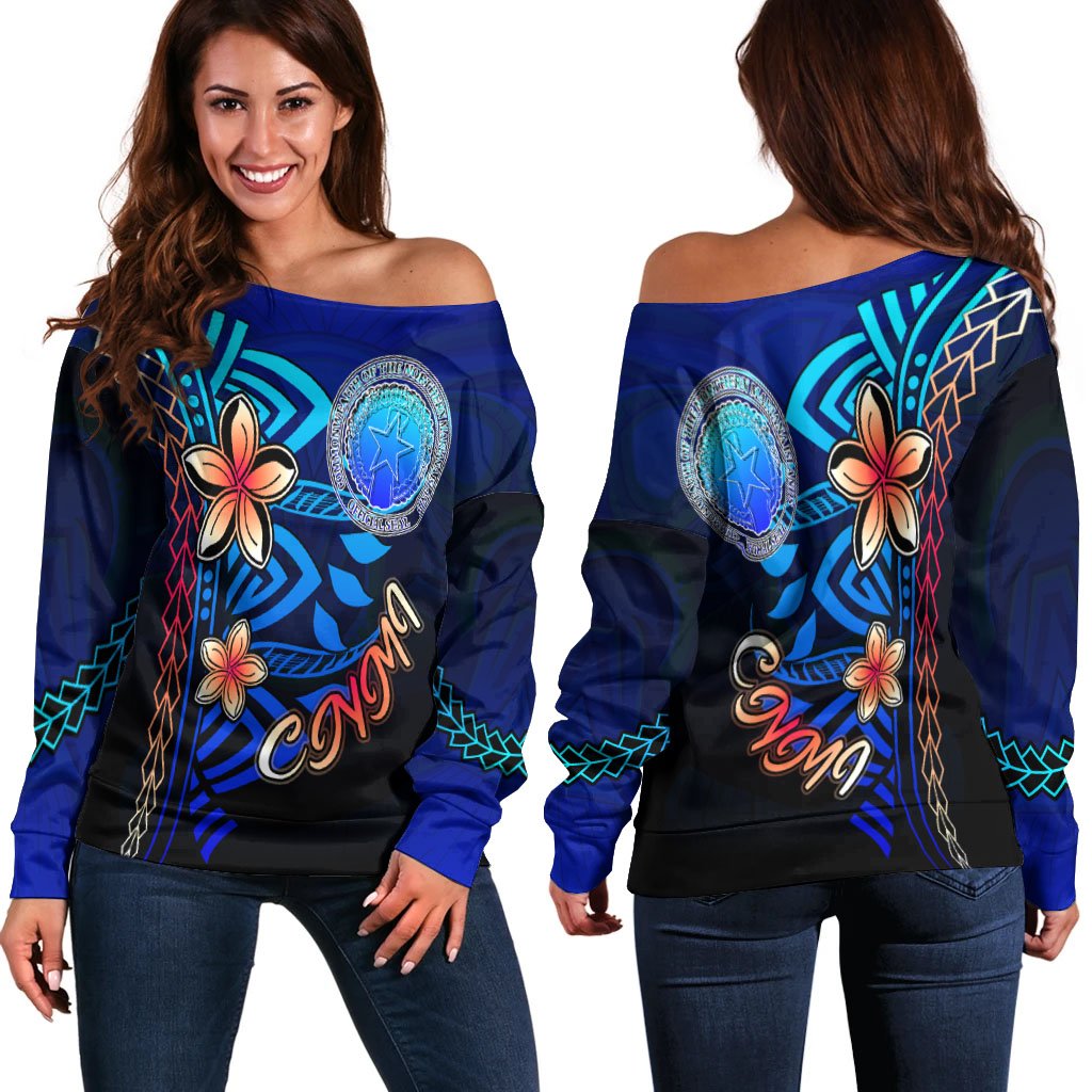 Northern Mariana Islands Women's Off Shoulder Sweater - Vintage Tribal Mountain Blue - Polynesian Pride