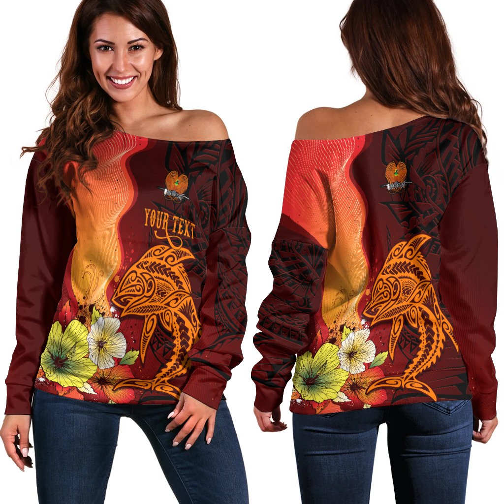 Papua New Guinea Custom Personalised Women's Off Shoulder Sweater - Tribal Tuna Fish Orange - Polynesian Pride