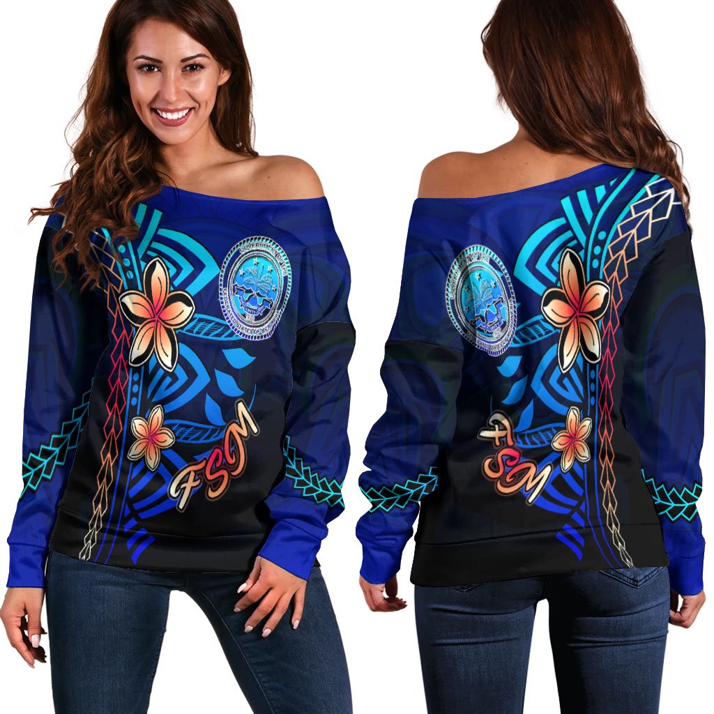 Federated States of Micronesia Custom Personalised Women's Off Shoulder Sweater - Vintage Tribal Moutain Blue - Polynesian Pride