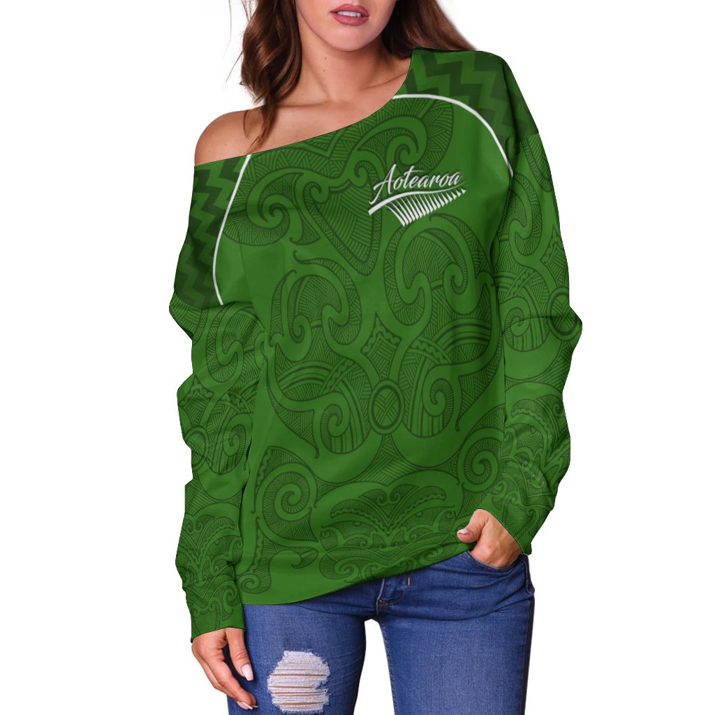 Maori 2021 Off Shoulder Sweater - Green Aotearoa Tattoo LT13 - Polynesian Pride