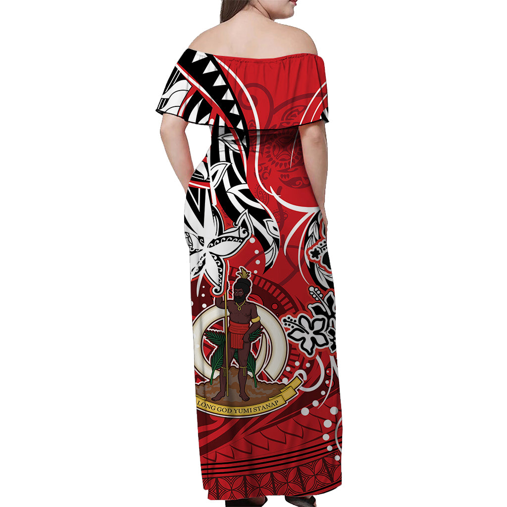 Vanuatu Color Off Shoulder Long Dress Coat of Arms Version Red LT13 - Polynesian Pride