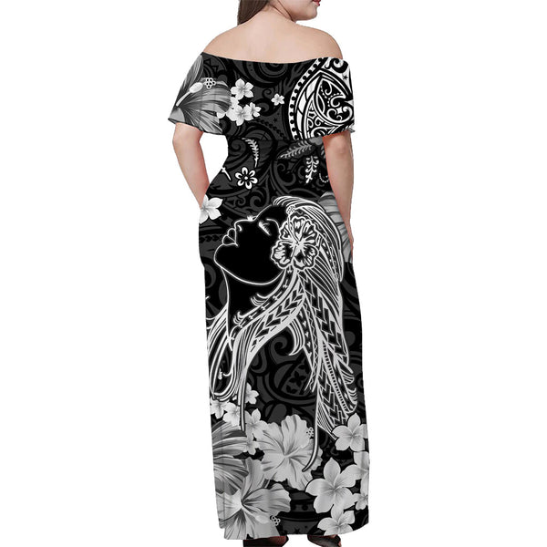 (Custom Personalised) Hawaii Off Shoulder Long Dress Polynesia Gray Hibiscus and Map Mystical main image 1