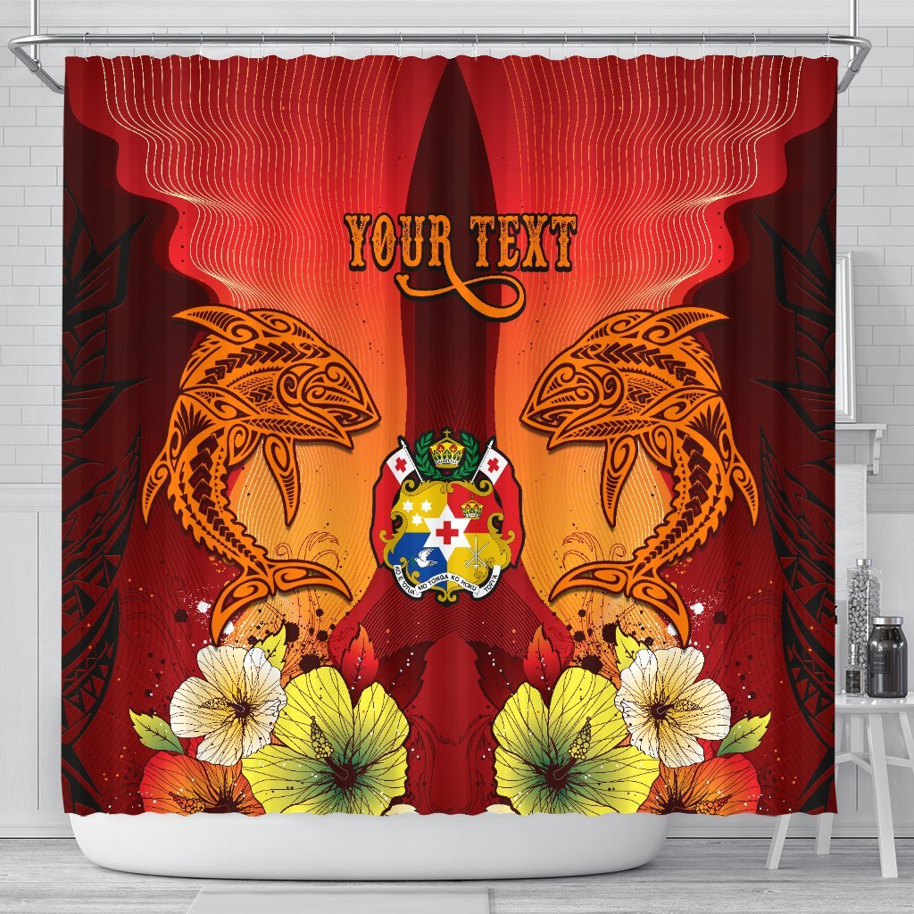 Tonga Custom Personalised Shower Curtains - Tribal Tuna Fish 177 x 172 (cm) Orange - Polynesian Pride