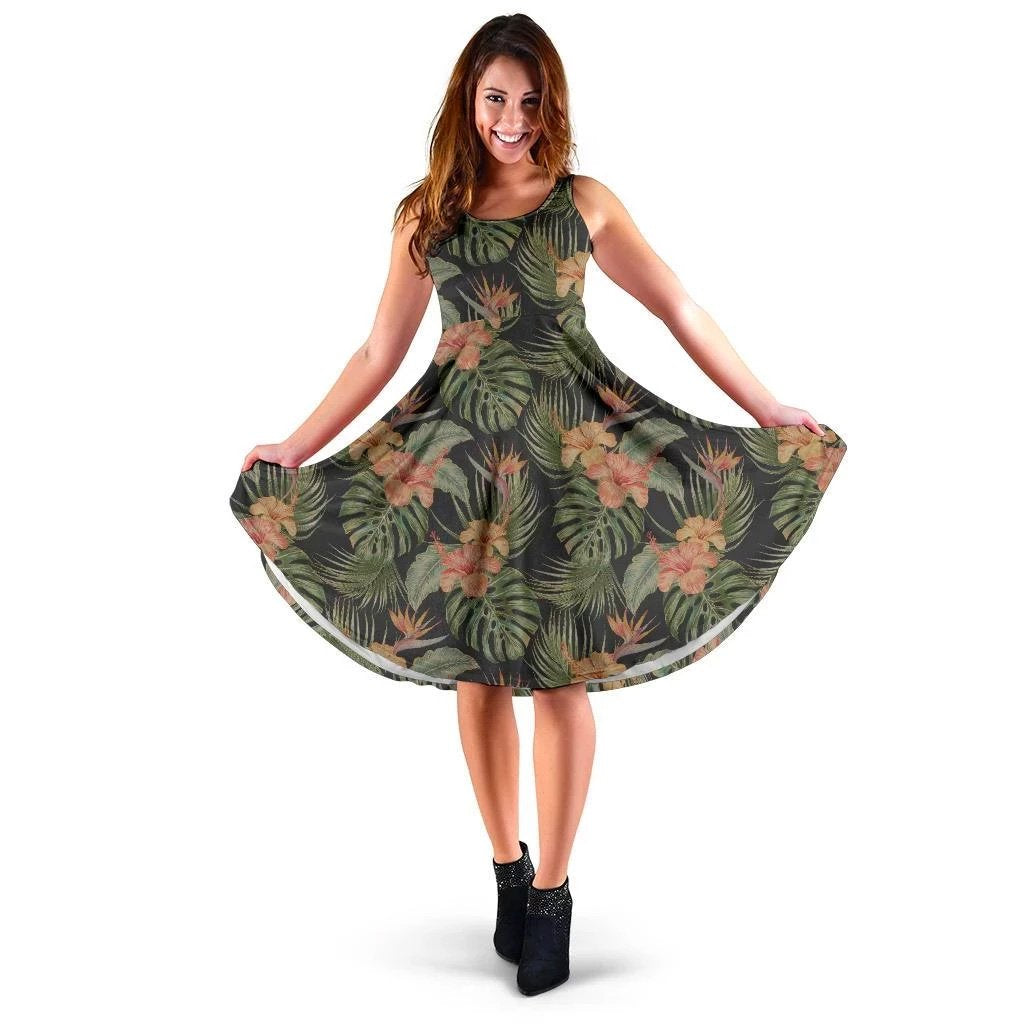 Hawaii Tropical Hibiscus Monstera Leaf Midi Dress Midi Dress Green - Polynesian Pride