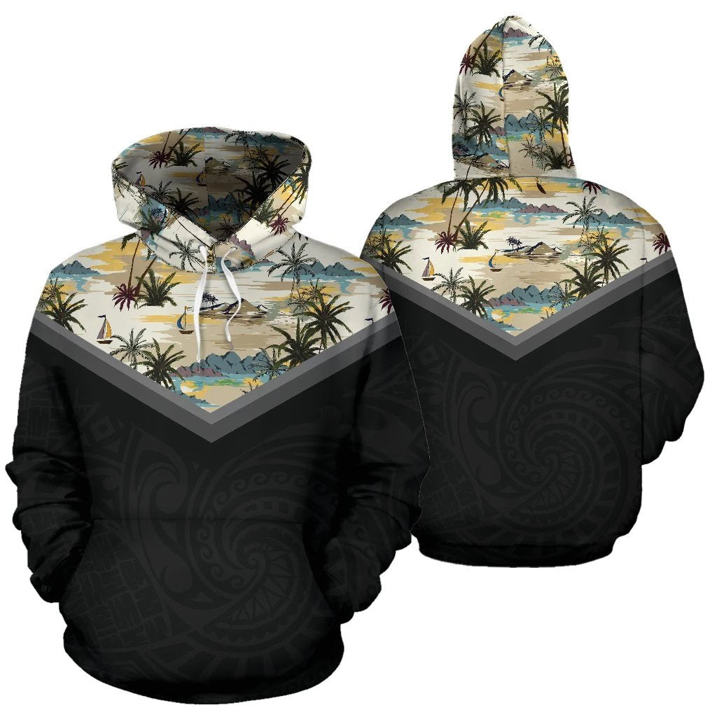 Hawaiian Pattern Vintage Hoodie Panted Picture Unisex Black - Polynesian Pride