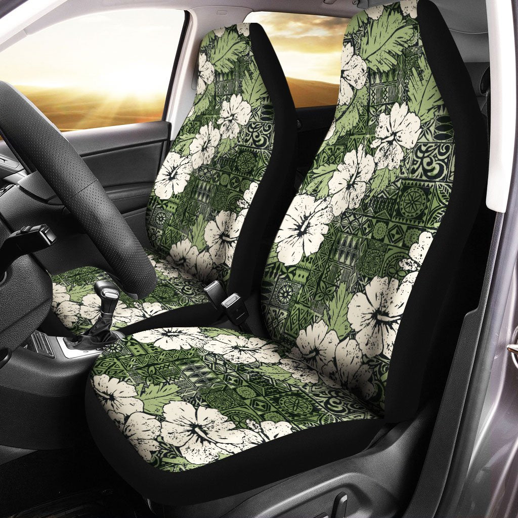 Polynesian Car Seat Cover - Abstract Hibiscus Flowers With Tribal Background Green Color Universal Fit Vintage - Polynesian Pride