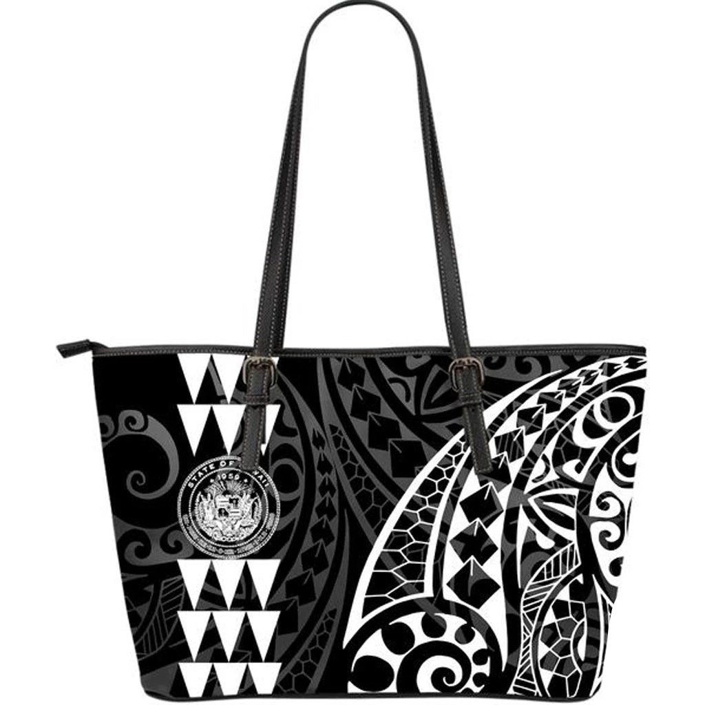 Coat of Arm Polynesian White Large Leather Tote Black - Polynesian Pride