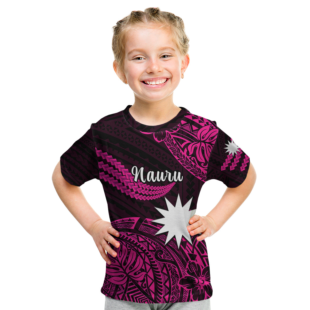 (Custom Personalised) Nauru Polynesian Hibiscus Naoero Pink Kid T Shirt LT14 Youth XL Size14 - Polynesian Pride