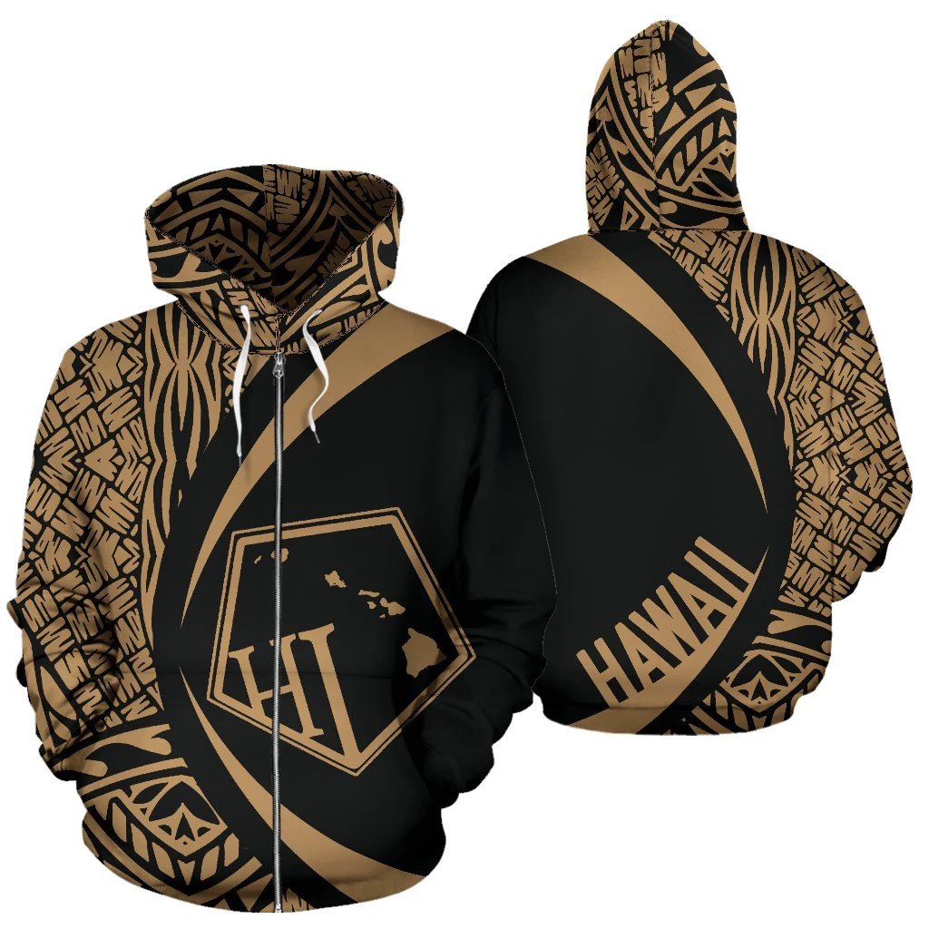 Hawaii Polynesian Zip up Hoodie Tribal Golden Color Circle Style Unisex Gold - Polynesian Pride