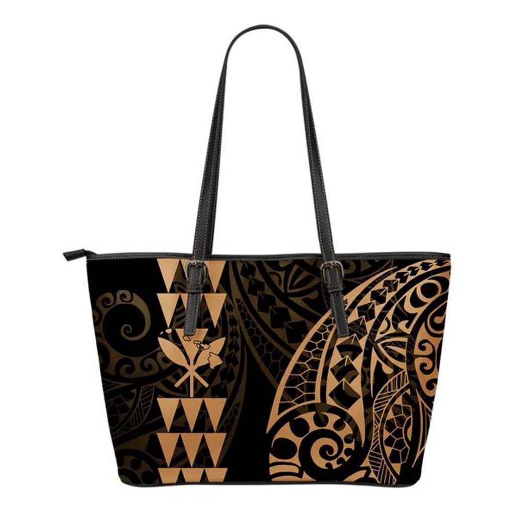 Kanaka Hawaii Map Gold Tribal Small Leather Tote Gold - Polynesian Pride