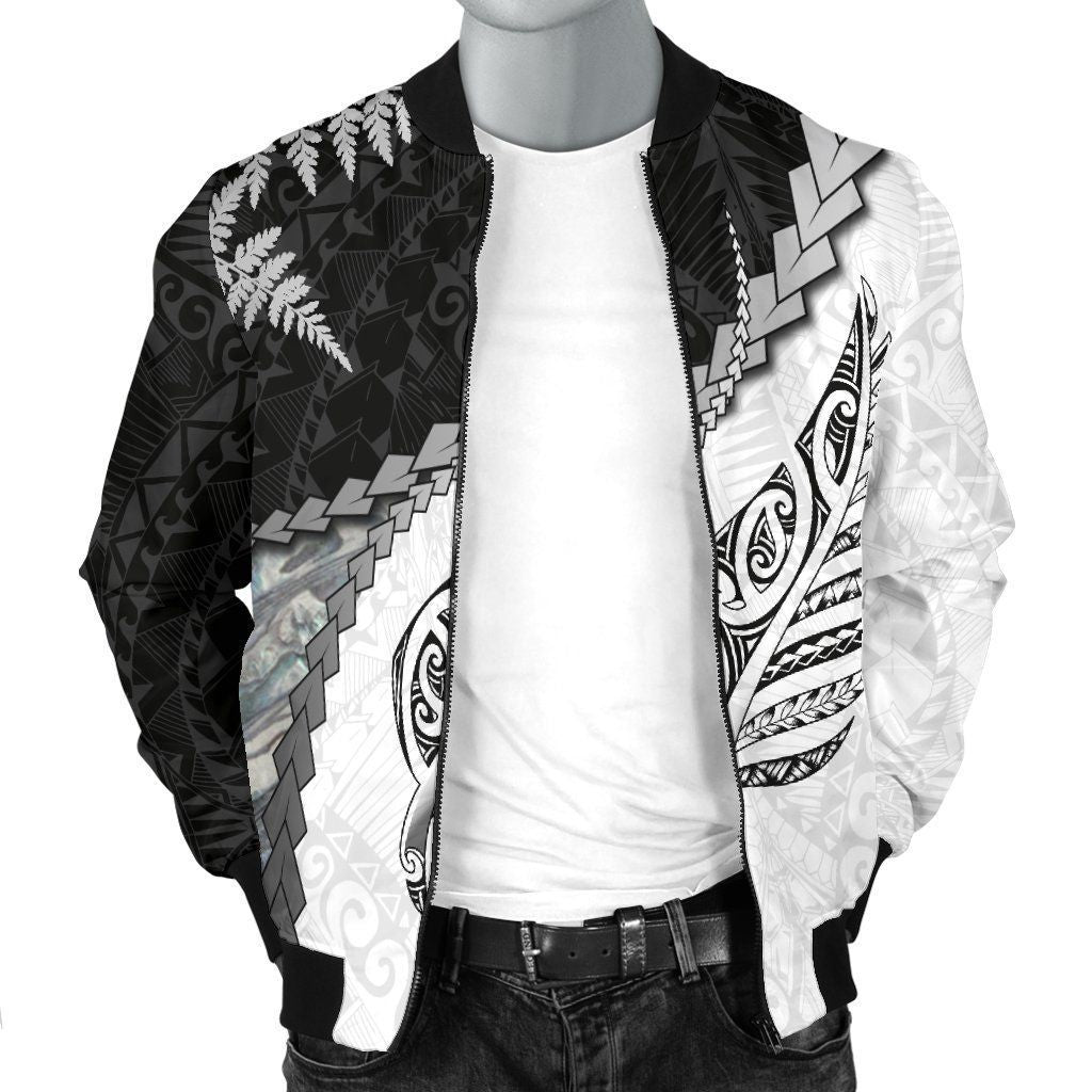 Paua Shell Maori Silver Fern Men's Bomber Jacket White - Polynesian Pride