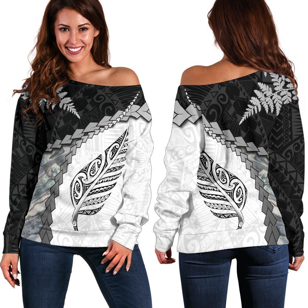 Paua Shell Maori Silver Fern Off Shoulder Sweater White White - Polynesian Pride