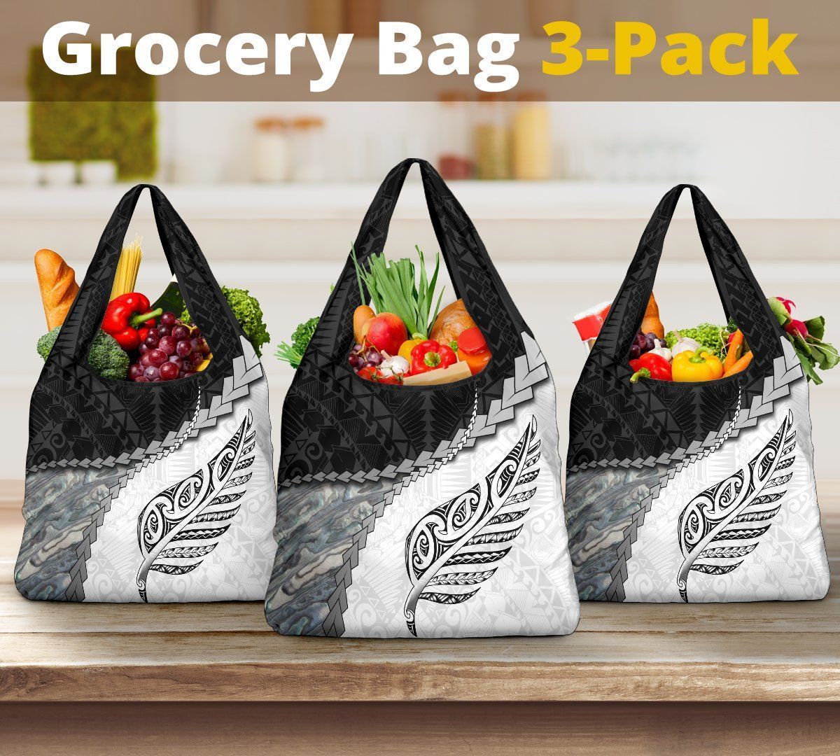 Paua Shell Maori Silver Fern Grocery Bag 3 - Pack White Grocery Bag 3-Pack One Size White - Polynesian Pride