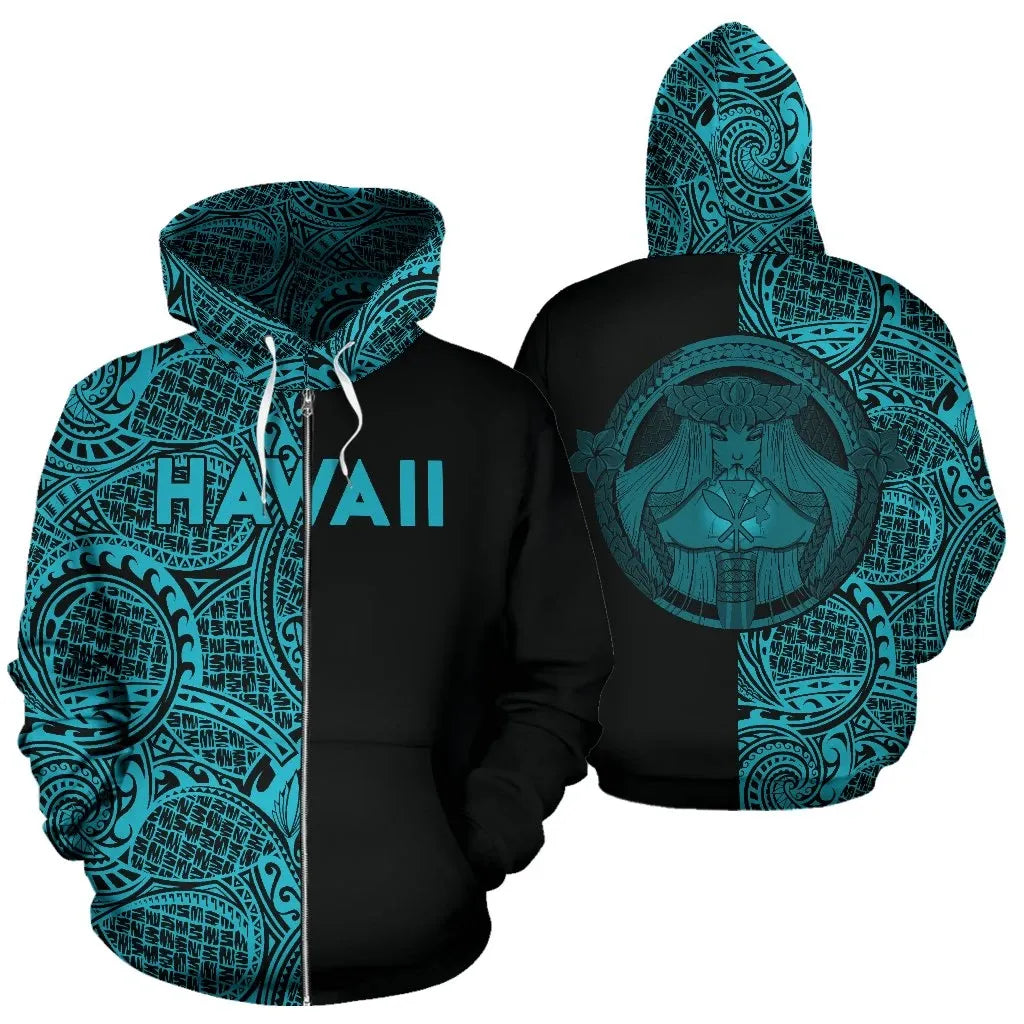 Polynesian Pride Hoodie Polynesian Madame Pele Kanaka Hawaii Zip Hoodie The Half Blue - Polynesian Pride