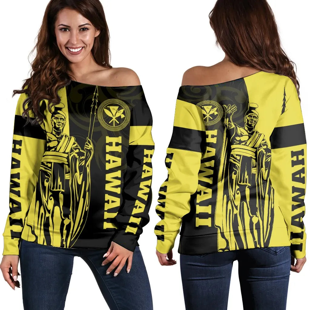 Polynesian Pride Sweater - Hawaii King Polynesian Women's Off Shoulder Sweater Yellow - Lawla Style - Polynesian Pride