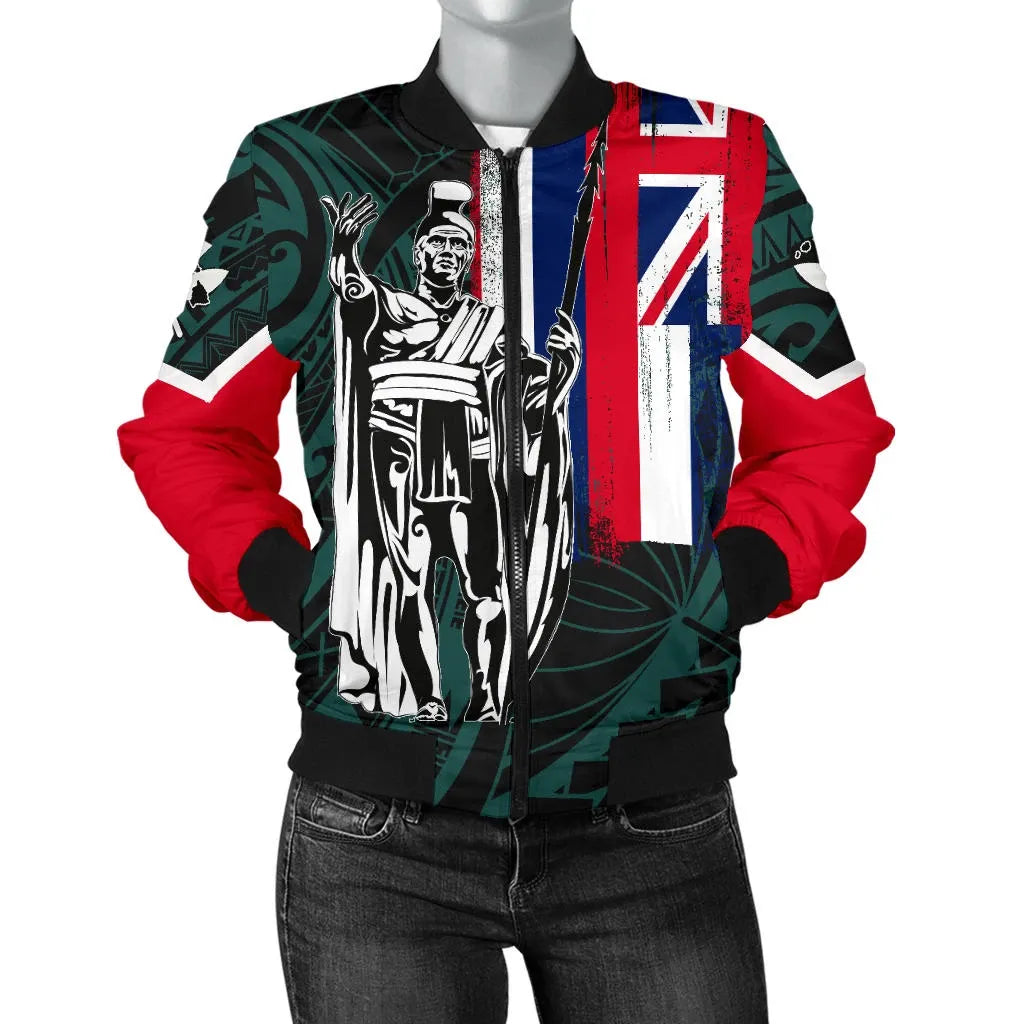 Polynesian Pride Jacket - Hawaii King Flag Polynesian Women's Bomber Jacket - Turquoise - Polynesian Pride