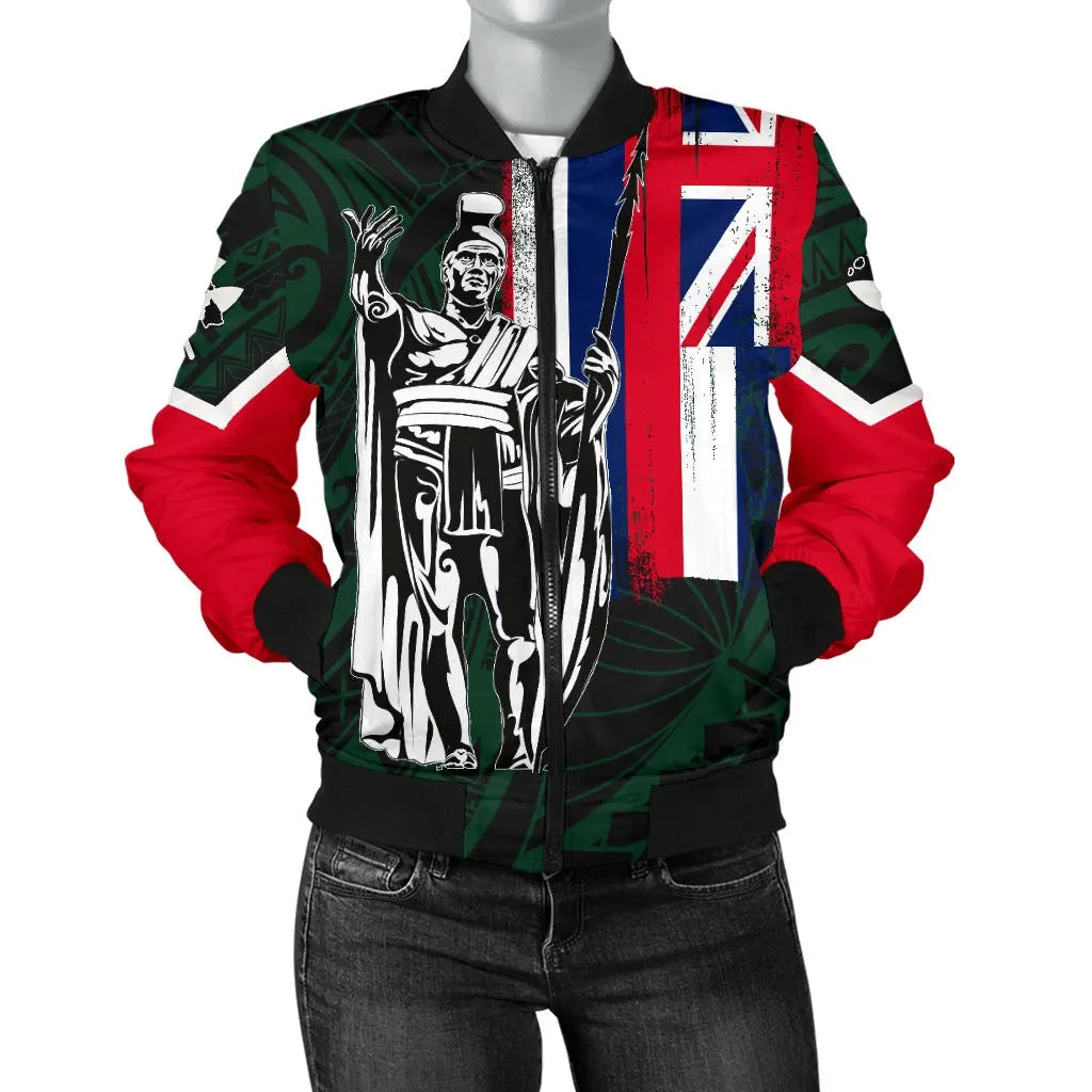 Polynesian Pride Jacket - Hawaii King Flag Polynesian Women's Bomber Jacket - Green - Polynesian Pride