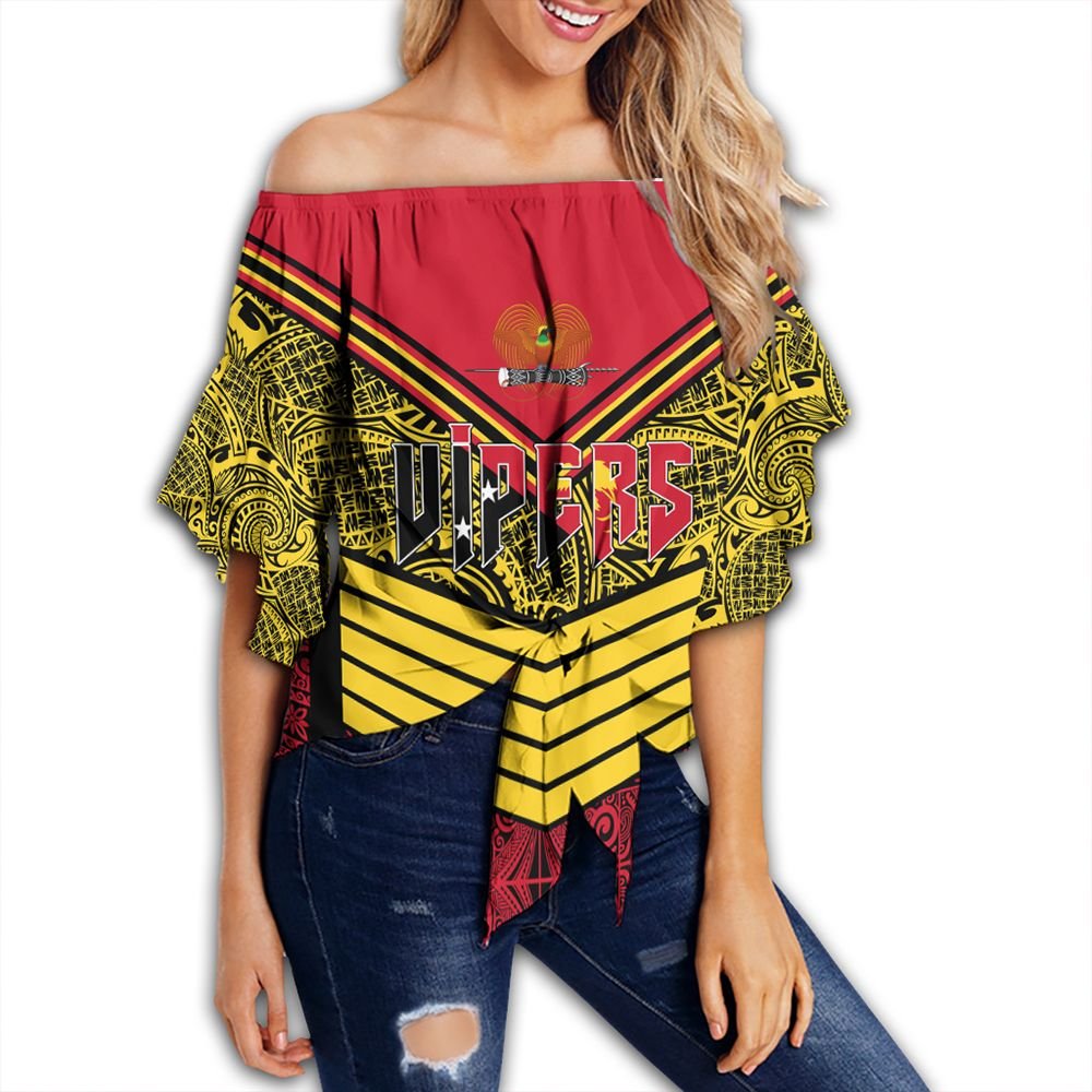 Polynesian Pride Clothing - Port Moresby Vipers Off Shoulder Wrap Waist Top Tapa Lauhala Rugby Scrum Style Women Red - Polynesian Pride