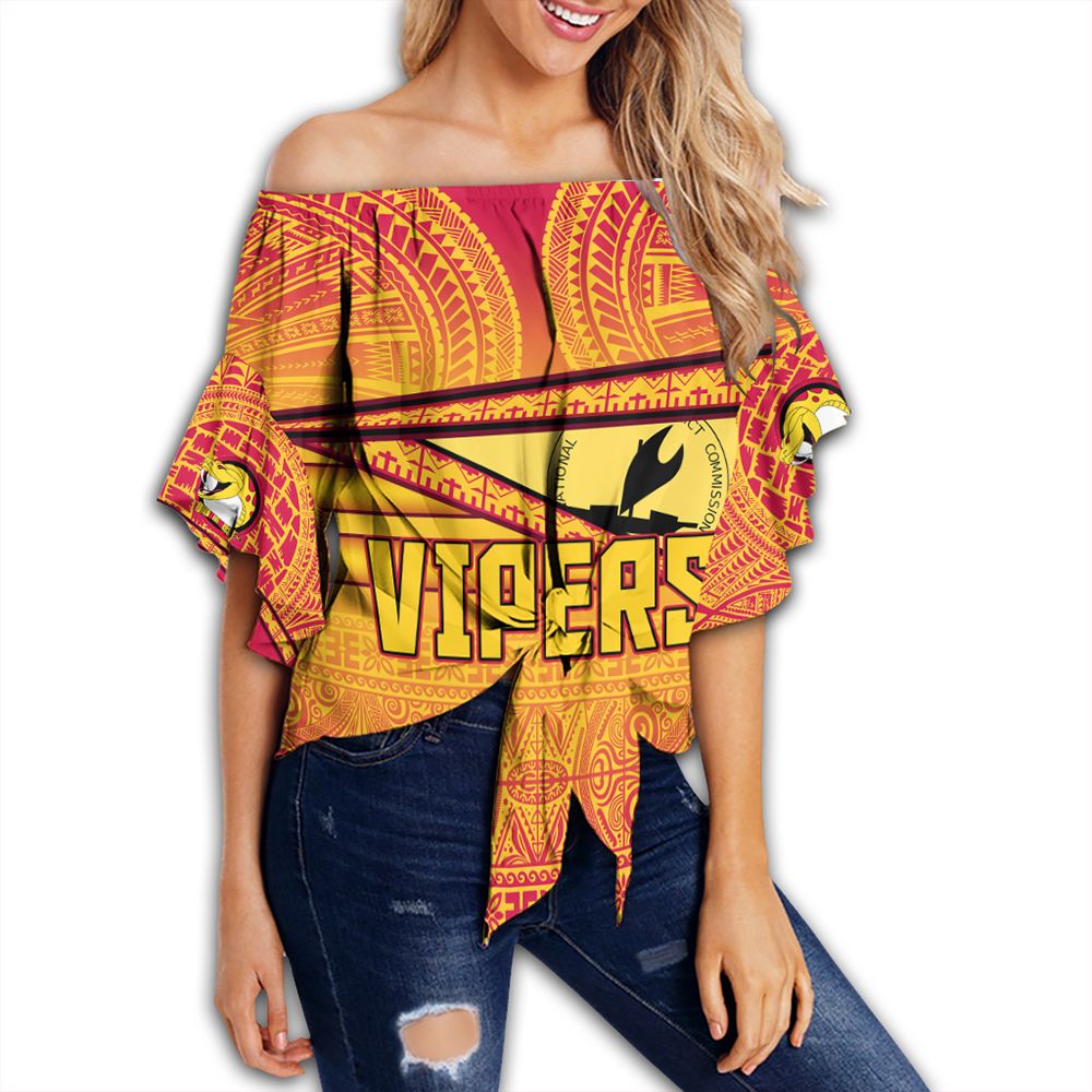 Polynesian Pride Clothing - Port Moresby Vipers Off Shoulder Wrap Waist Top Flag Tapa Pattern Stronic Style Women Black - Polynesian Pride