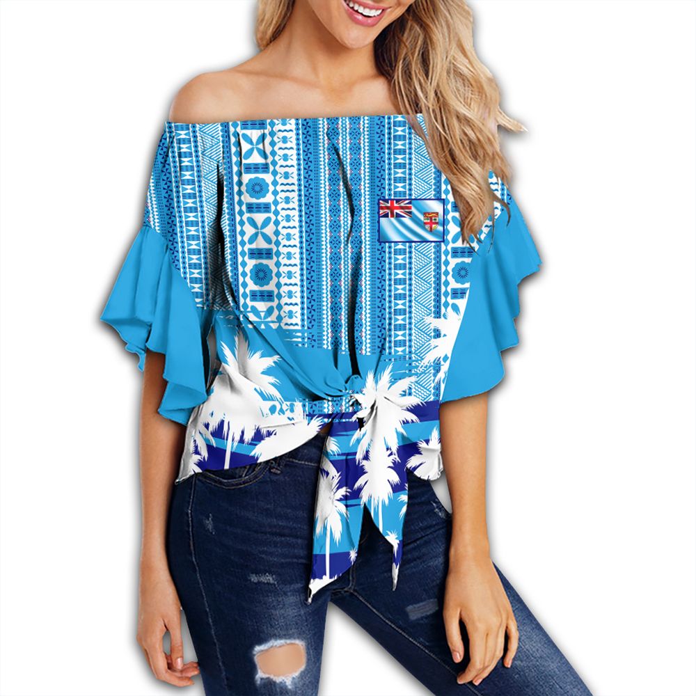 Polynesian Pride Fiji Clothing - Fijian Tapa Flag Off Shoulder Wrap Waist Top Women Blue - Polynesian Pride