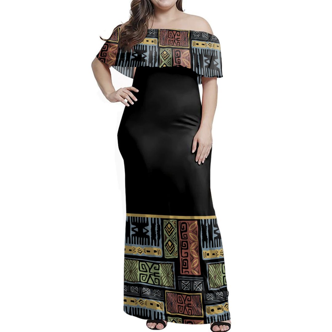 NE Fiji Bula Dress - Colorful Tapa Off Shoulder Long Dress Long Dress Black - Polynesian Pride